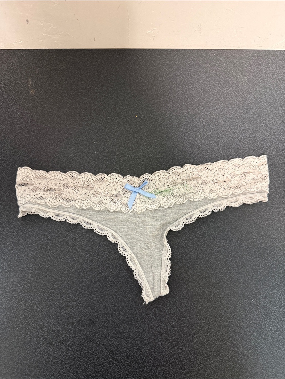Honeydew USA Gray Thong with White Lace Trim and Blue Bow